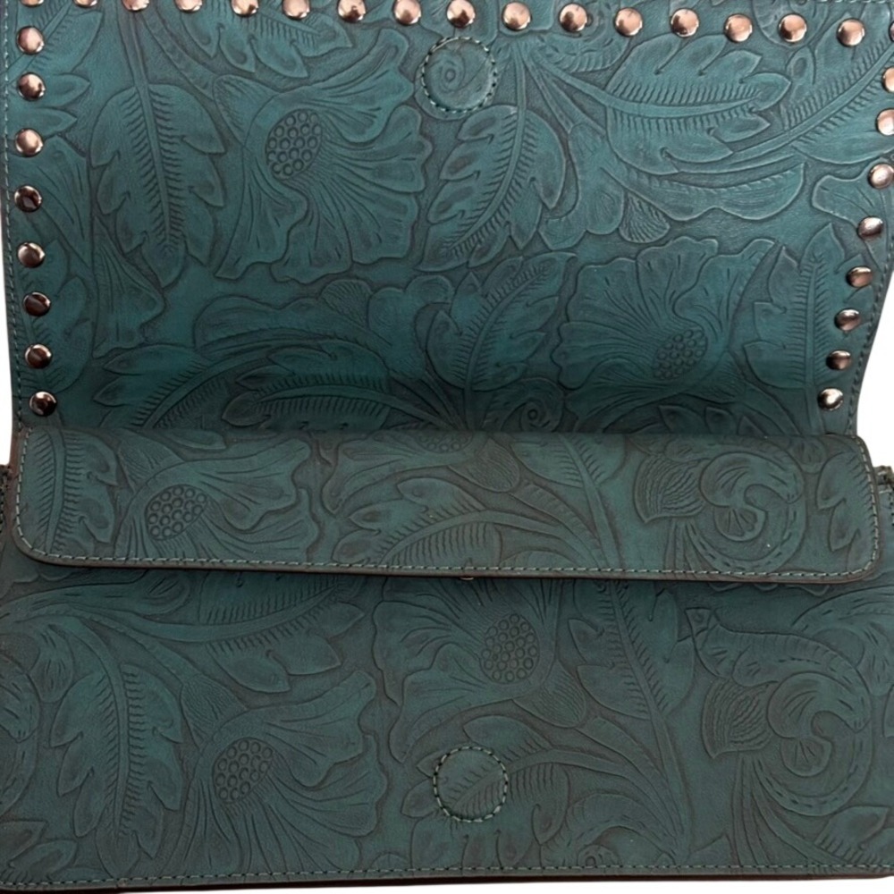 Anna Sui X Inc Western Tooled Leather Clutch Teal Turquoise Studded View 6